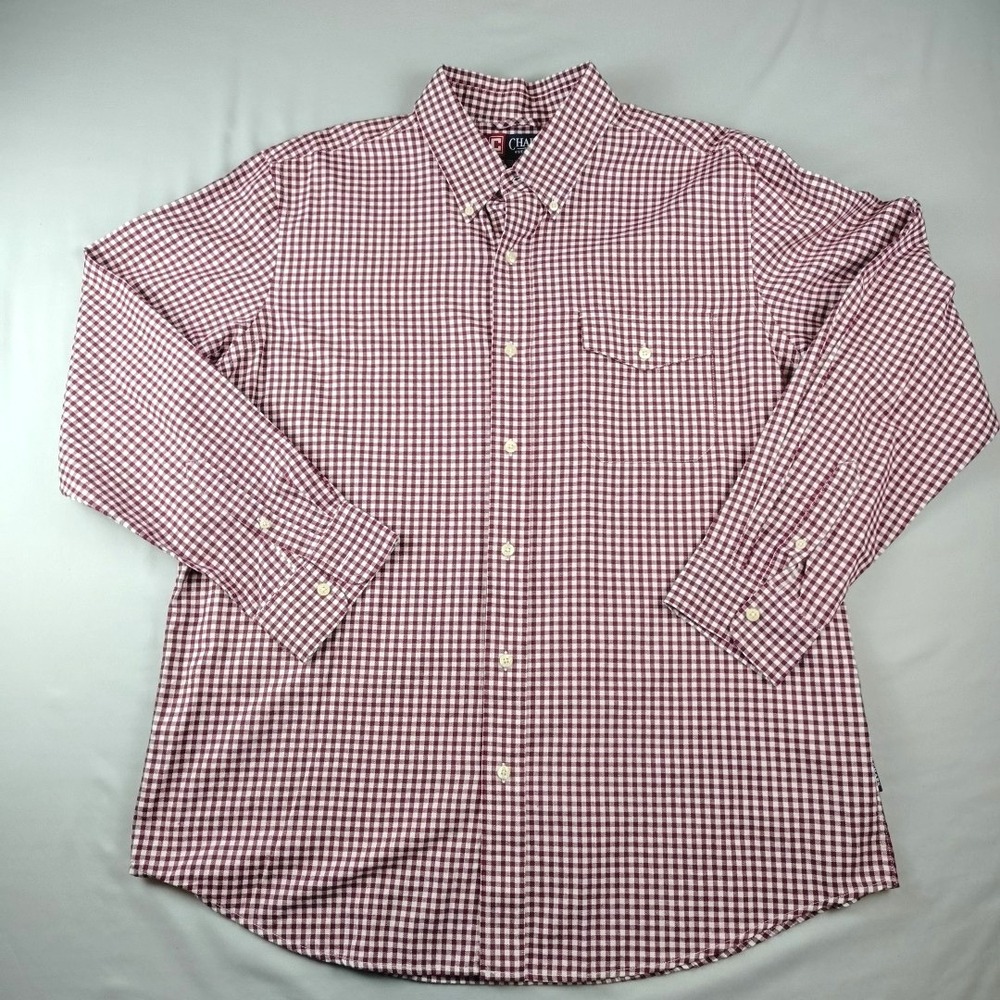 Chaps Mens XL Long Sleeve Cotton Button-Up Shirt Maroon Gingham Red EUC Casual